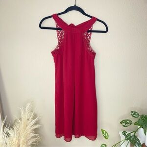 Iz Byer Maroon Burgundy Red Halter Neck Swing Dress Crochet Lace Eyelet Cocktail